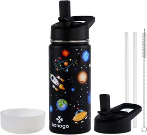 16 oz Stainless Steel Insulated Kids Water Bottle, Leak Proof Metal Thermos Flask with Straw lid, Cute Toddler Tumbler Cup for School Girls & Boys (Black, Space)