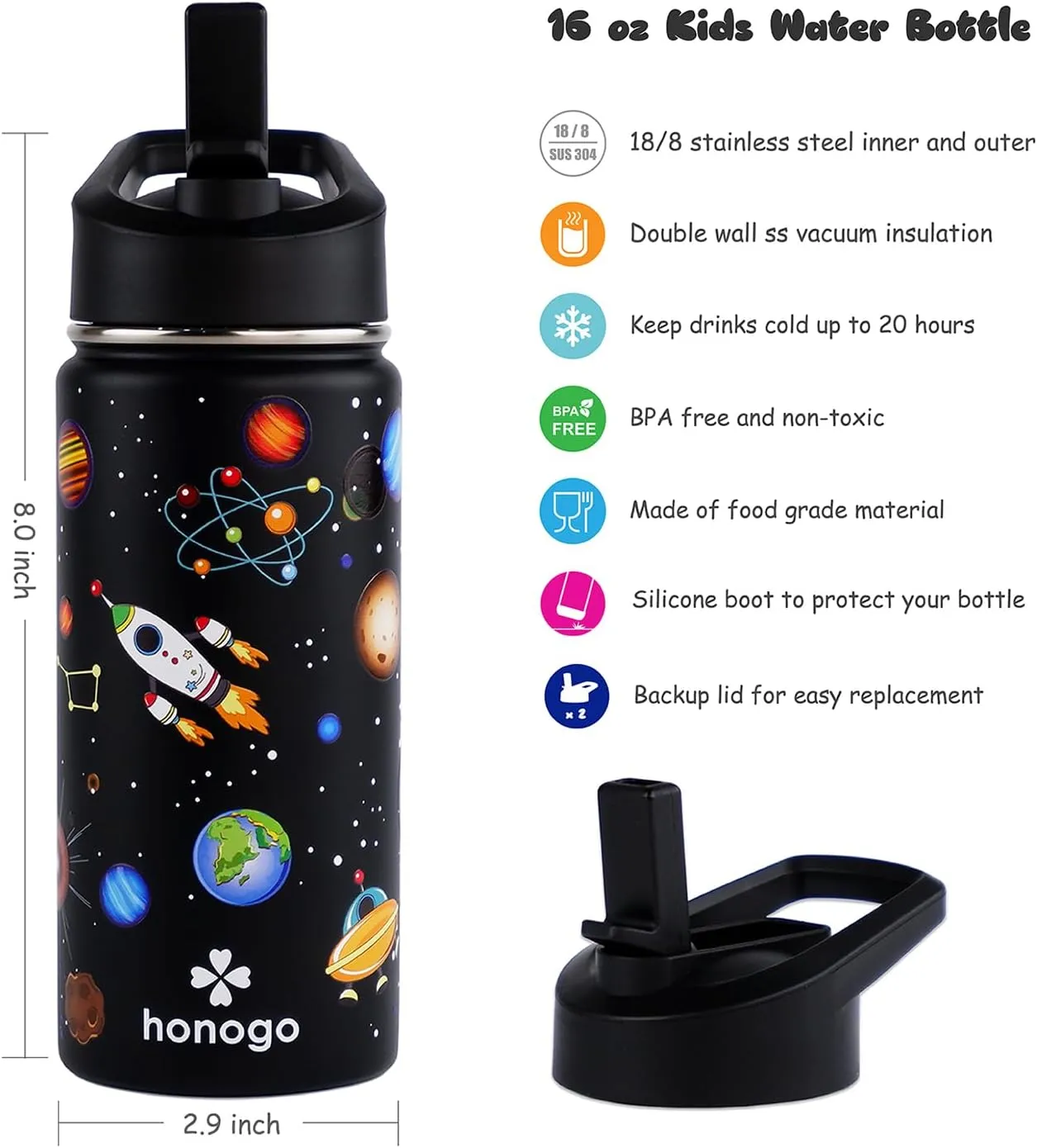 16 oz Stainless Steel Insulated Kids Water Bottle, Leak Proof Metal Thermos Flask with Straw lid, Cute Toddler Tumbler Cup for School Girls & Boys (Black, Space)