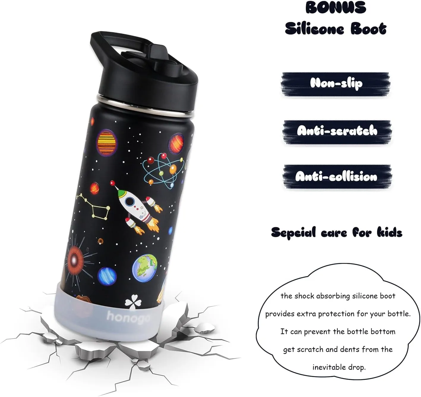 16 oz Stainless Steel Insulated Kids Water Bottle, Leak Proof Metal Thermos Flask with Straw lid, Cute Toddler Tumbler Cup for School Girls & Boys (Black, Space)