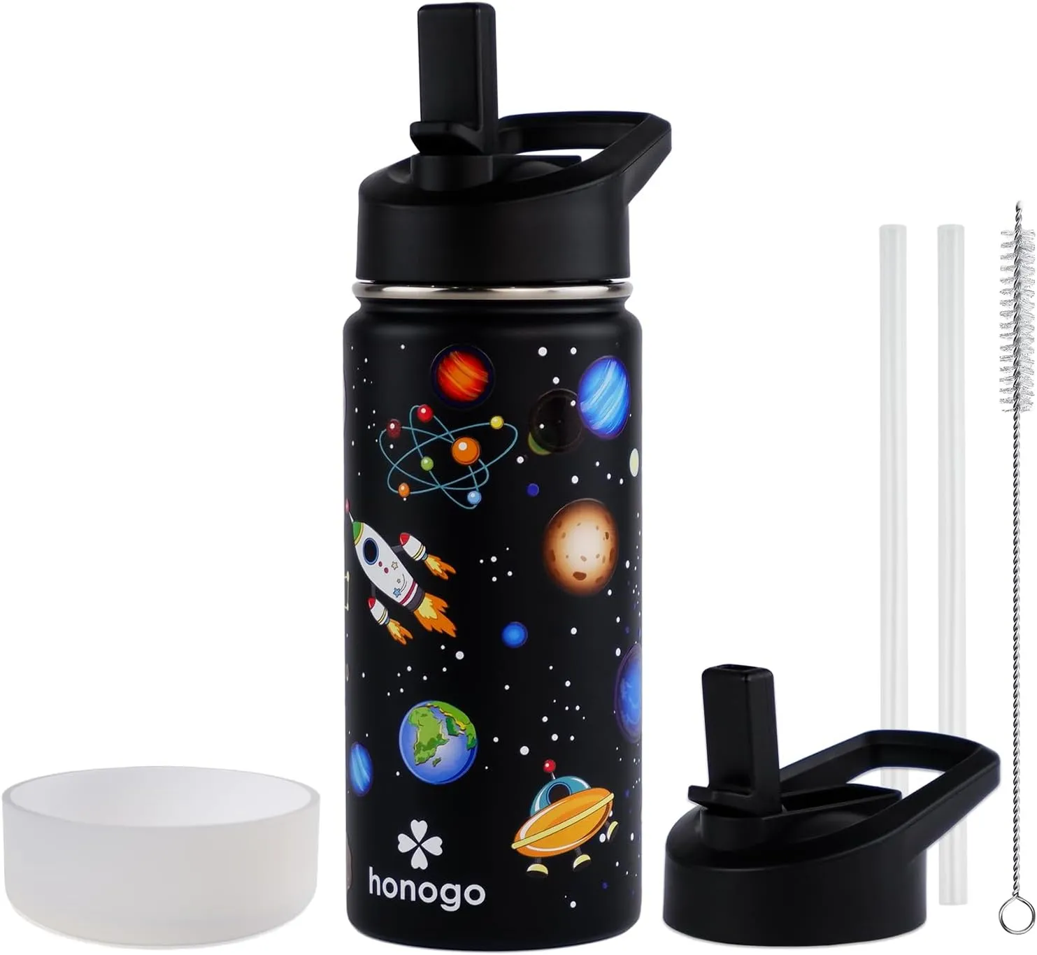 16 oz Stainless Steel Insulated Kids Water Bottle, Leak Proof Metal Thermos Flask with Straw lid, Cute Toddler Tumbler Cup for School Girls & Boys (Black, Space)