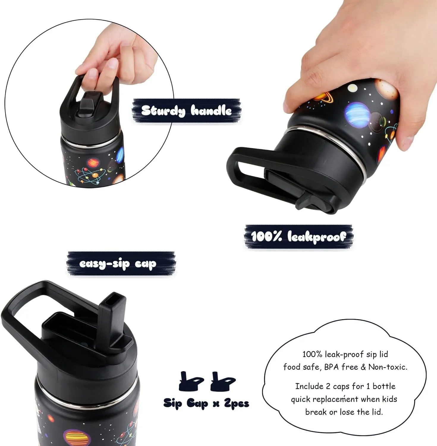 16 oz Stainless Steel Insulated Kids Water Bottle, Leak Proof Metal Thermos Flask with Straw lid, Cute Toddler Tumbler Cup for School Girls & Boys (Black, Space)
