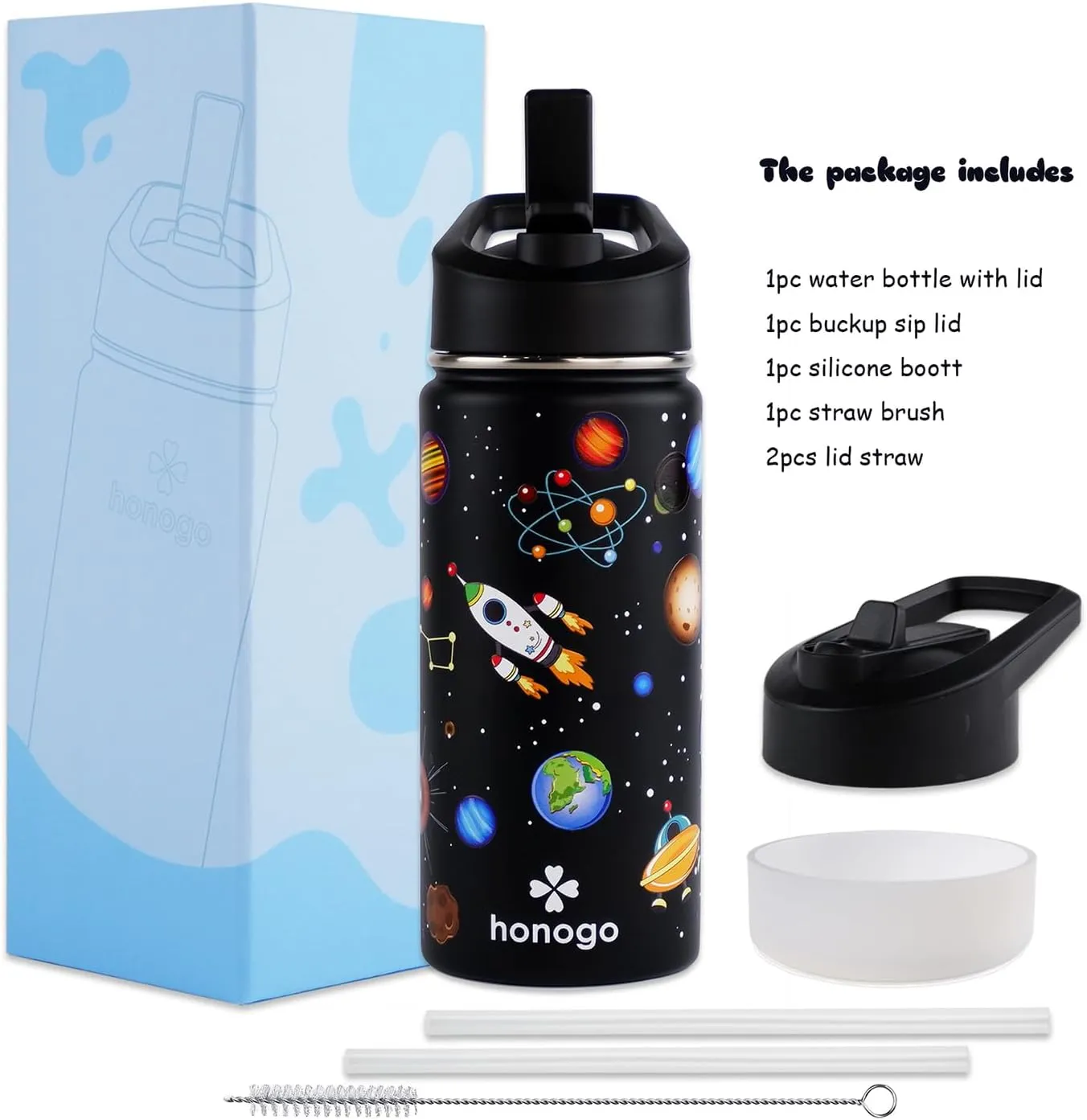 16 oz Stainless Steel Insulated Kids Water Bottle, Leak Proof Metal Thermos Flask with Straw lid, Cute Toddler Tumbler Cup for School Girls & Boys (Black, Space)