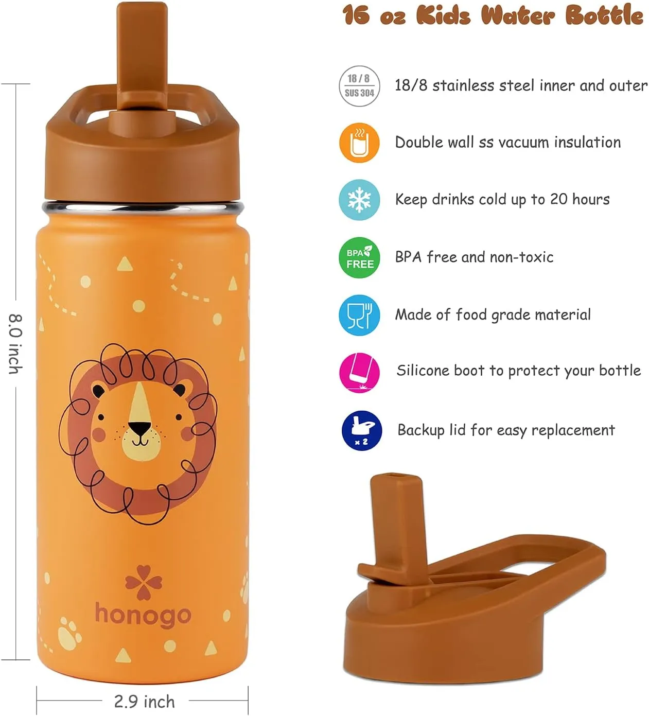 16 oz Stainless Steel Insulated Kids Water Bottle, Leak Proof Metal Thermos Flask with Straw lid, Cute Toddler Tumbler Cup for School Girls & Boys (Lion, Orange)