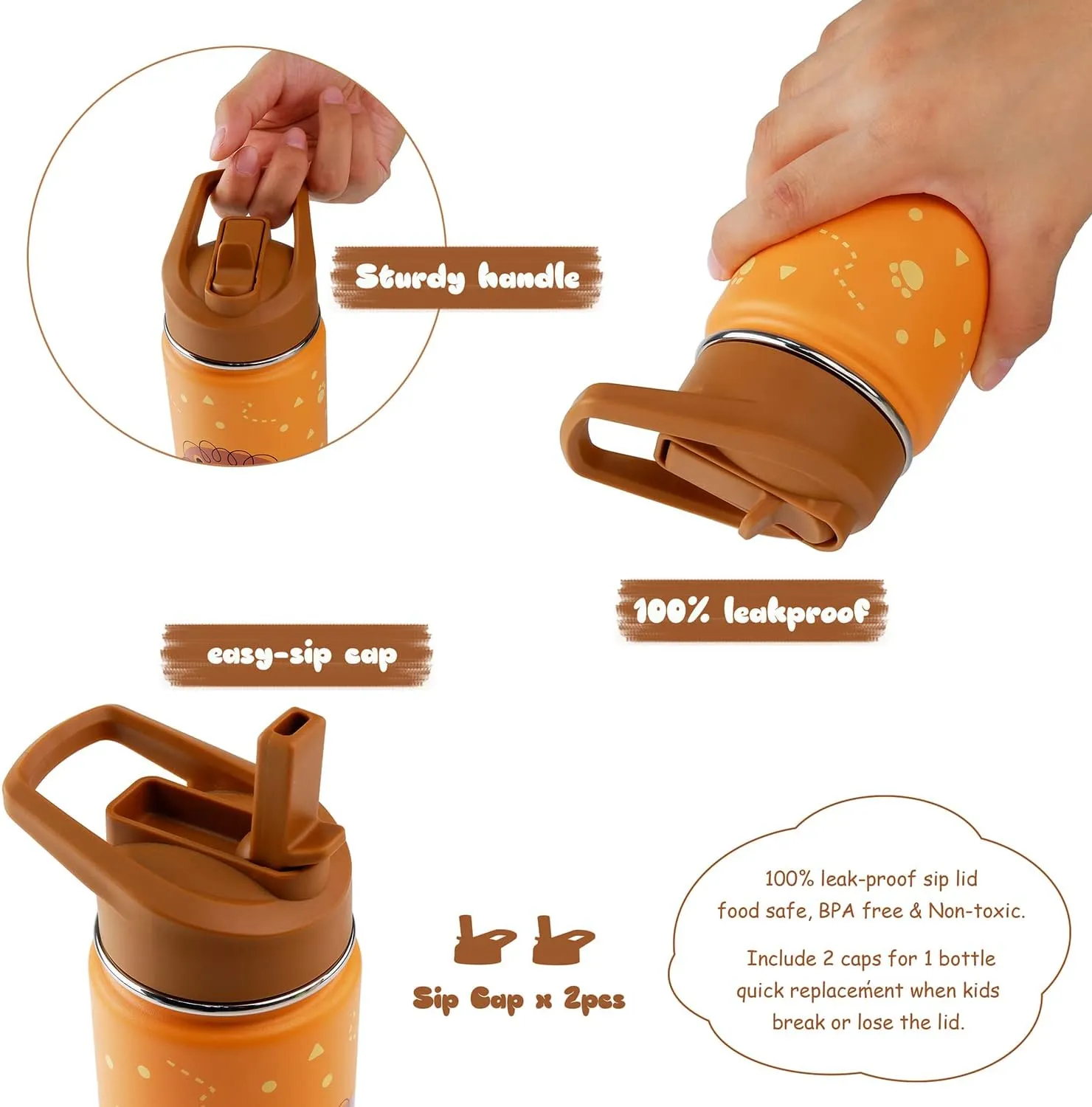 16 oz Stainless Steel Insulated Kids Water Bottle, Leak Proof Metal Thermos Flask with Straw lid, Cute Toddler Tumbler Cup for School Girls & Boys (Lion, Orange)