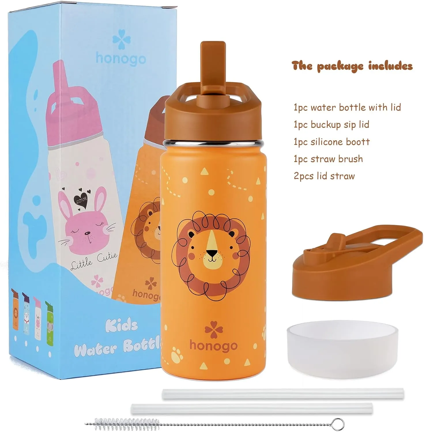 16 oz Stainless Steel Insulated Kids Water Bottle, Leak Proof Metal Thermos Flask with Straw lid, Cute Toddler Tumbler Cup for School Girls & Boys (Lion, Orange)