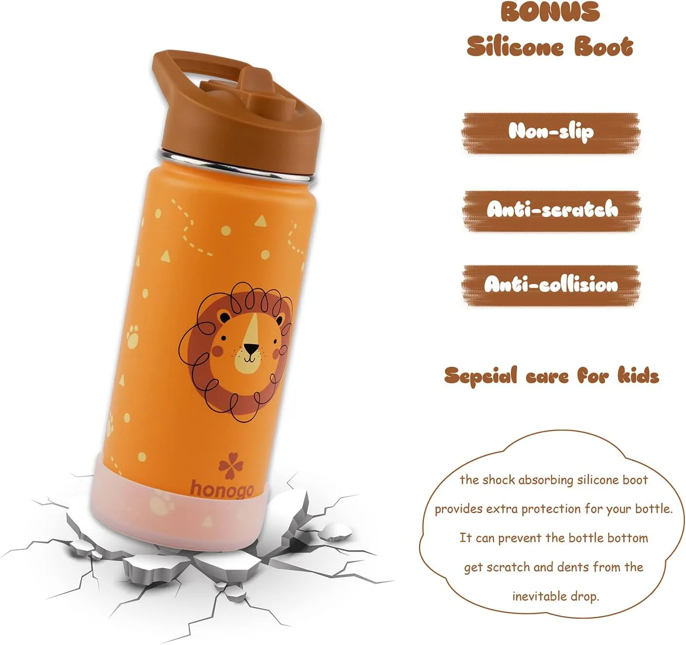 16 oz Stainless Steel Insulated Kids Water Bottle, Leak Proof Metal Thermos Flask with Straw lid, Cute Toddler Tumbler Cup for School Girls & Boys (Lion, Orange)
