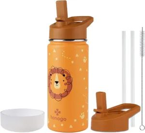 16 oz Stainless Steel Insulated Kids Water Bottle, Leak Proof Metal Thermos Flask with Straw lid, Cute Toddler Tumbler Cup for School Girls & Boys (Lion, Orange)