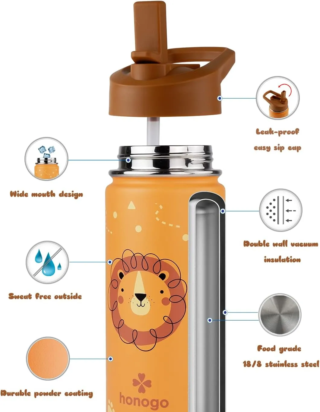 16 oz Stainless Steel Insulated Kids Water Bottle, Leak Proof Metal Thermos Flask with Straw lid, Cute Toddler Tumbler Cup for School Girls & Boys (Lion, Orange)
