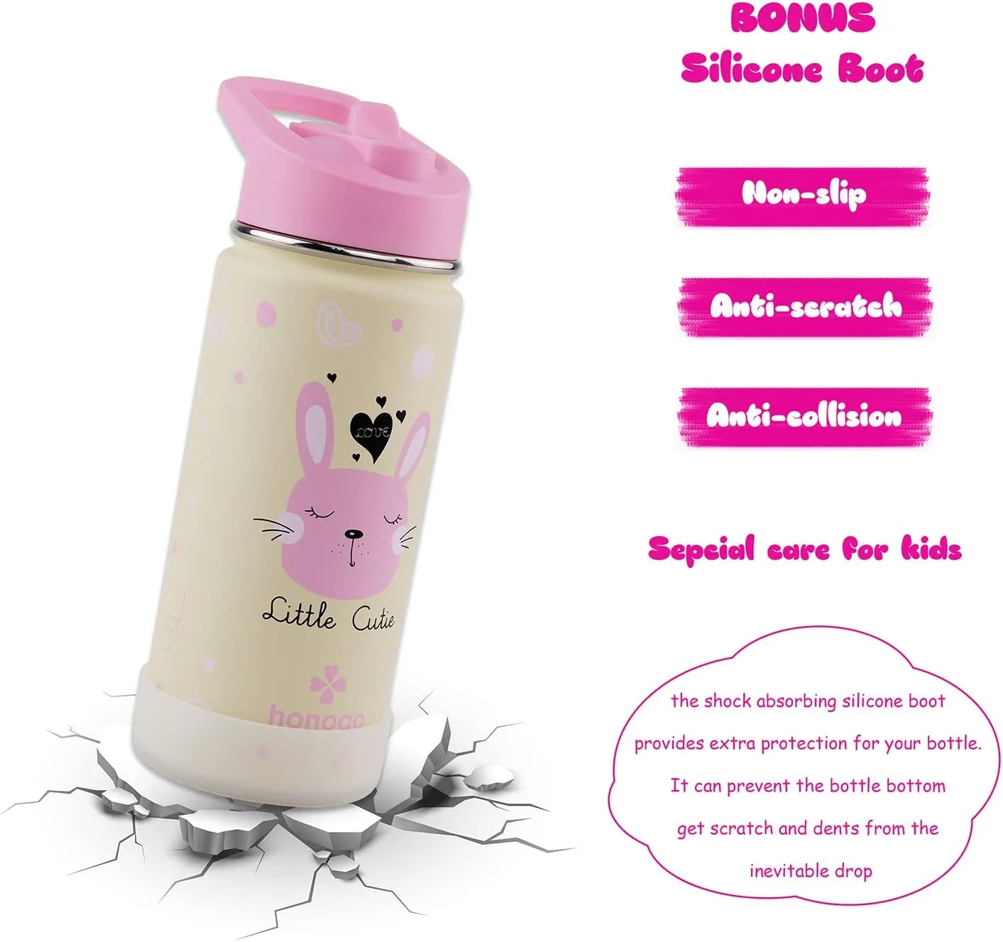 16 oz Stainless Steel Insulated Kids Water Bottle, Leak Proof Metal Thermos Flask with Straw lid, Cute Toddler Tumbler Cup for School Girls & Boys (Pink, Bunny)