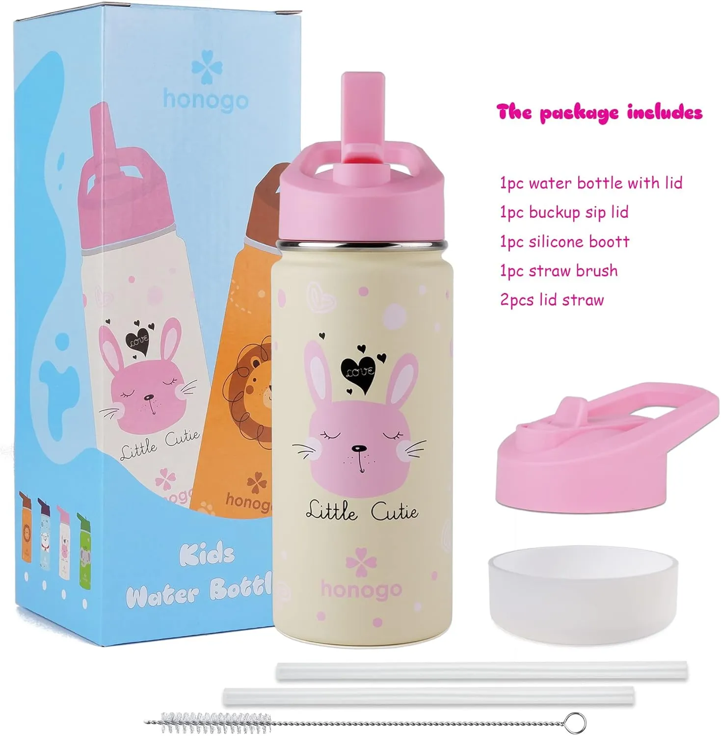 16 oz Stainless Steel Insulated Kids Water Bottle, Leak Proof Metal Thermos Flask with Straw lid, Cute Toddler Tumbler Cup for School Girls & Boys (Pink, Bunny)