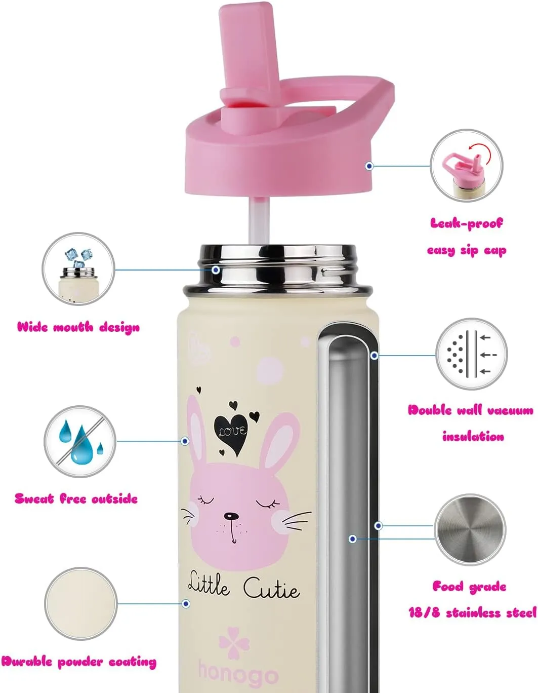 16 oz Stainless Steel Insulated Kids Water Bottle, Leak Proof Metal Thermos Flask with Straw lid, Cute Toddler Tumbler Cup for School Girls & Boys (Pink, Bunny)