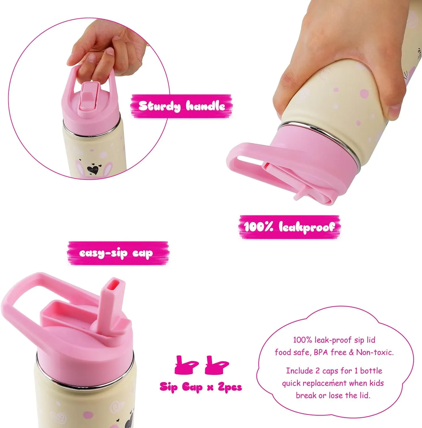 16 oz Stainless Steel Insulated Kids Water Bottle, Leak Proof Metal Thermos Flask with Straw lid, Cute Toddler Tumbler Cup for School Girls & Boys (Pink, Bunny)