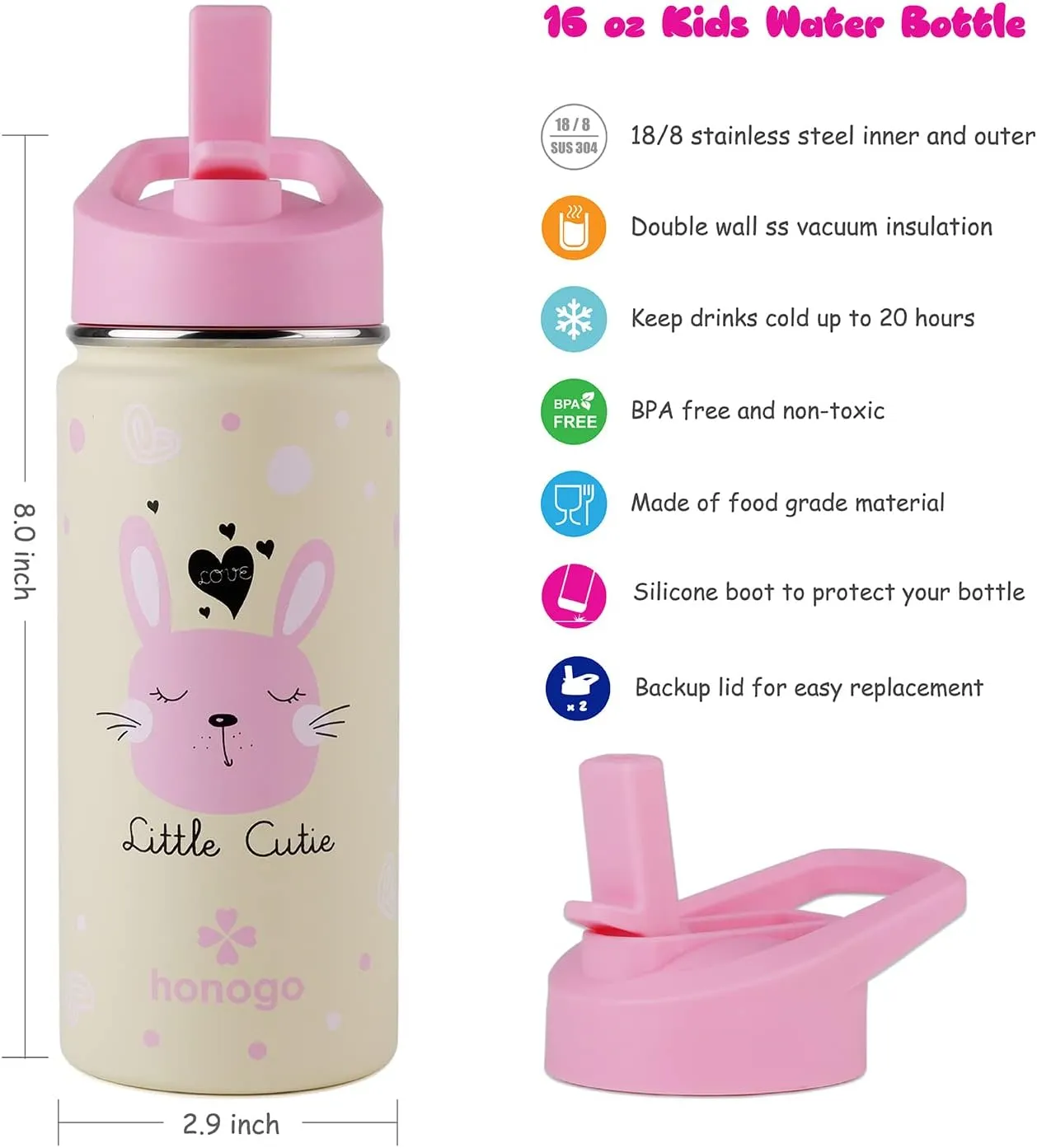 16 oz Stainless Steel Insulated Kids Water Bottle, Leak Proof Metal Thermos Flask with Straw lid, Cute Toddler Tumbler Cup for School Girls & Boys (Pink, Bunny)