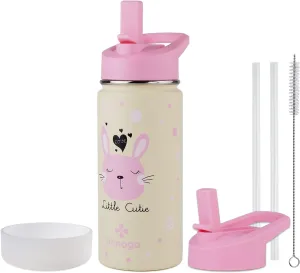 16 oz Stainless Steel Insulated Kids Water Bottle, Leak Proof Metal Thermos Flask with Straw lid, Cute Toddler Tumbler Cup for School Girls & Boys (Pink, Bunny)