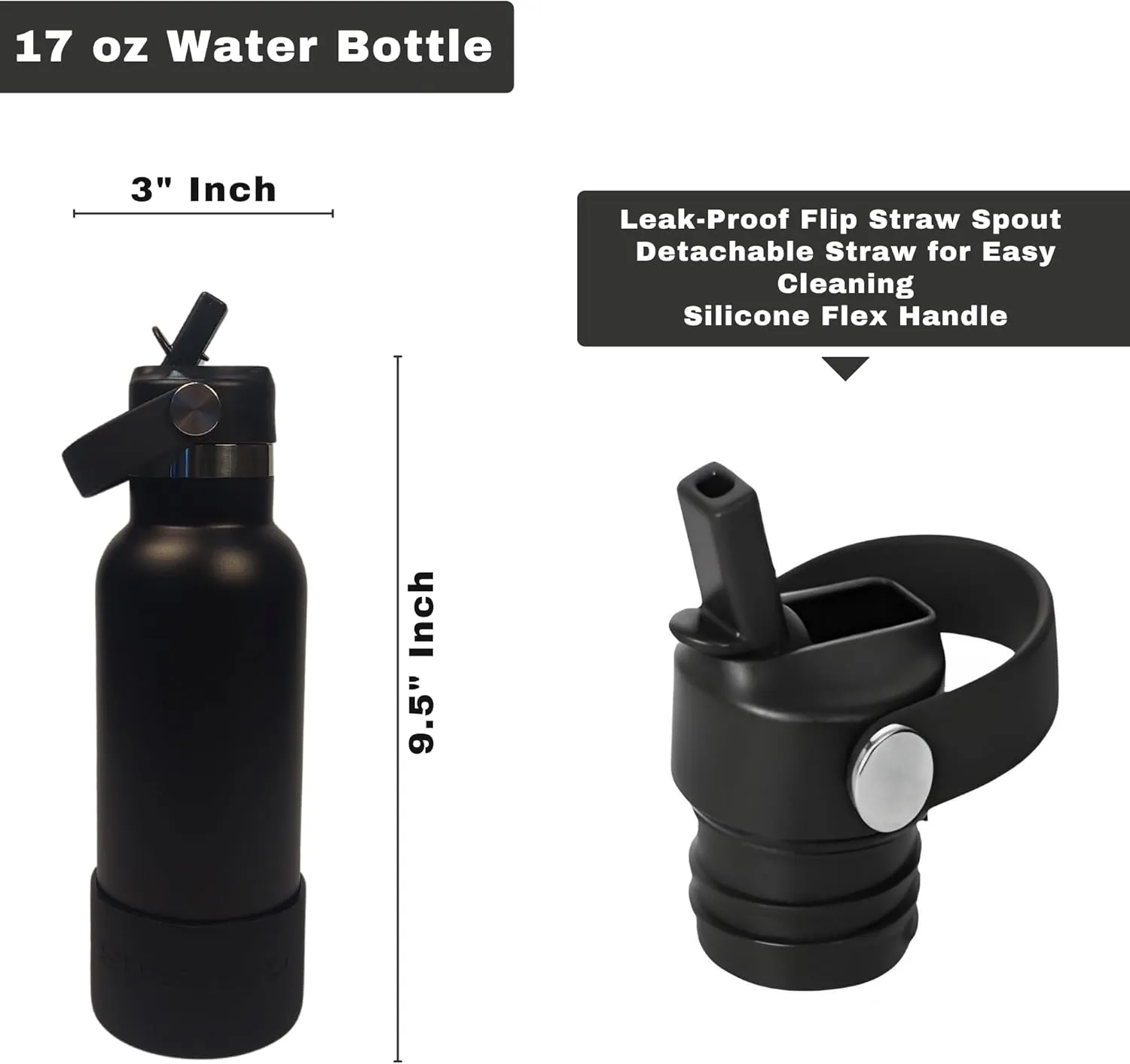 17oz Water Bottle with Spill-Proof, Flip-Straw Lid by Subzero - Vacuum Insulated, Stainless Steel Beverage Thermos for Workout, Hiking, School - Dishwasher Safe - Silicone Boot Included (Black)
