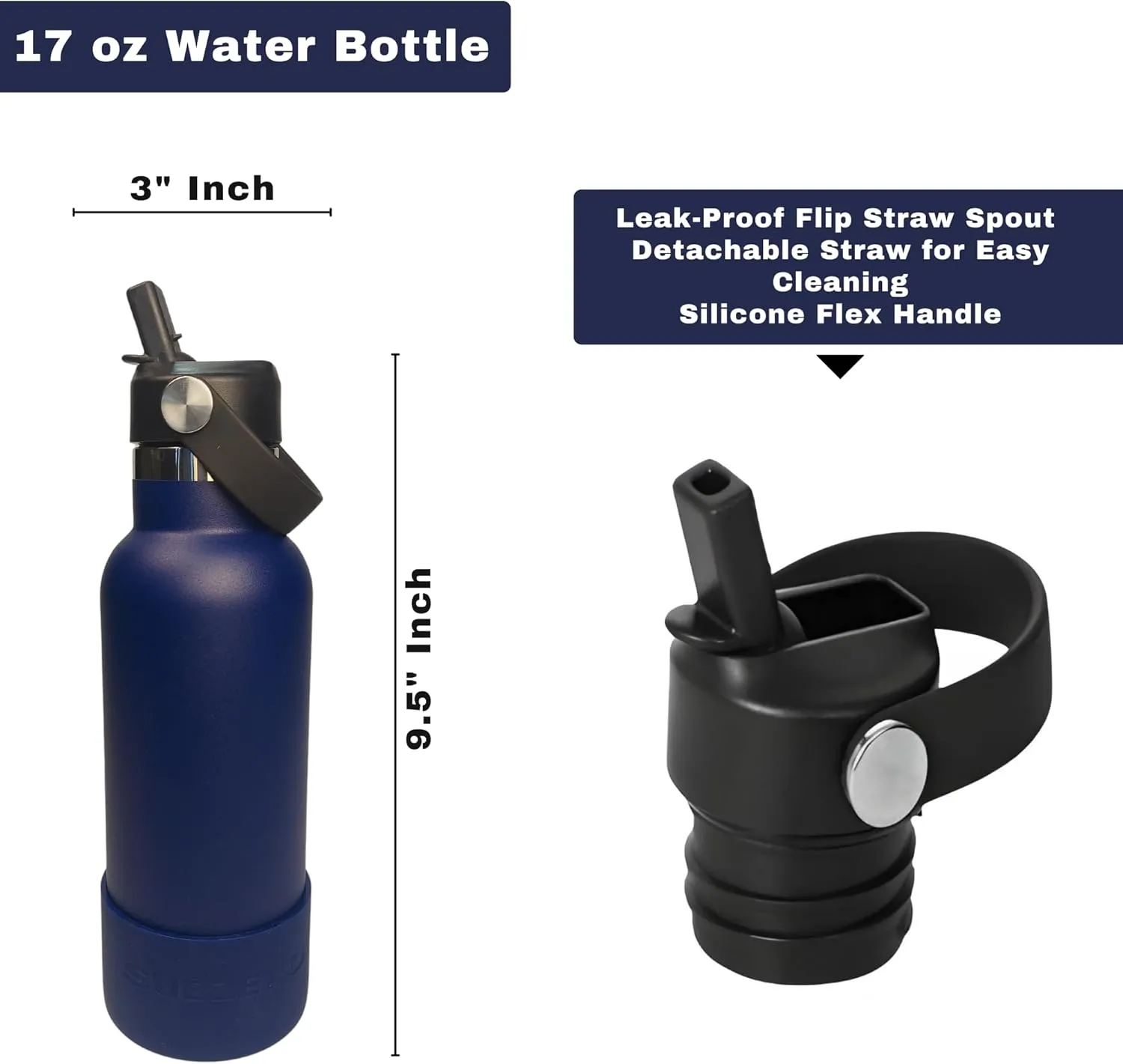 17oz Water Bottle with Spill-Proof, Flip-Straw Lid by Subzero - Vacuum Insulated, Stainless Steel Beverage Thermos for Workout, Hiking, School - Dishwasher Safe - Silicone Boot Included (Navy Blue)