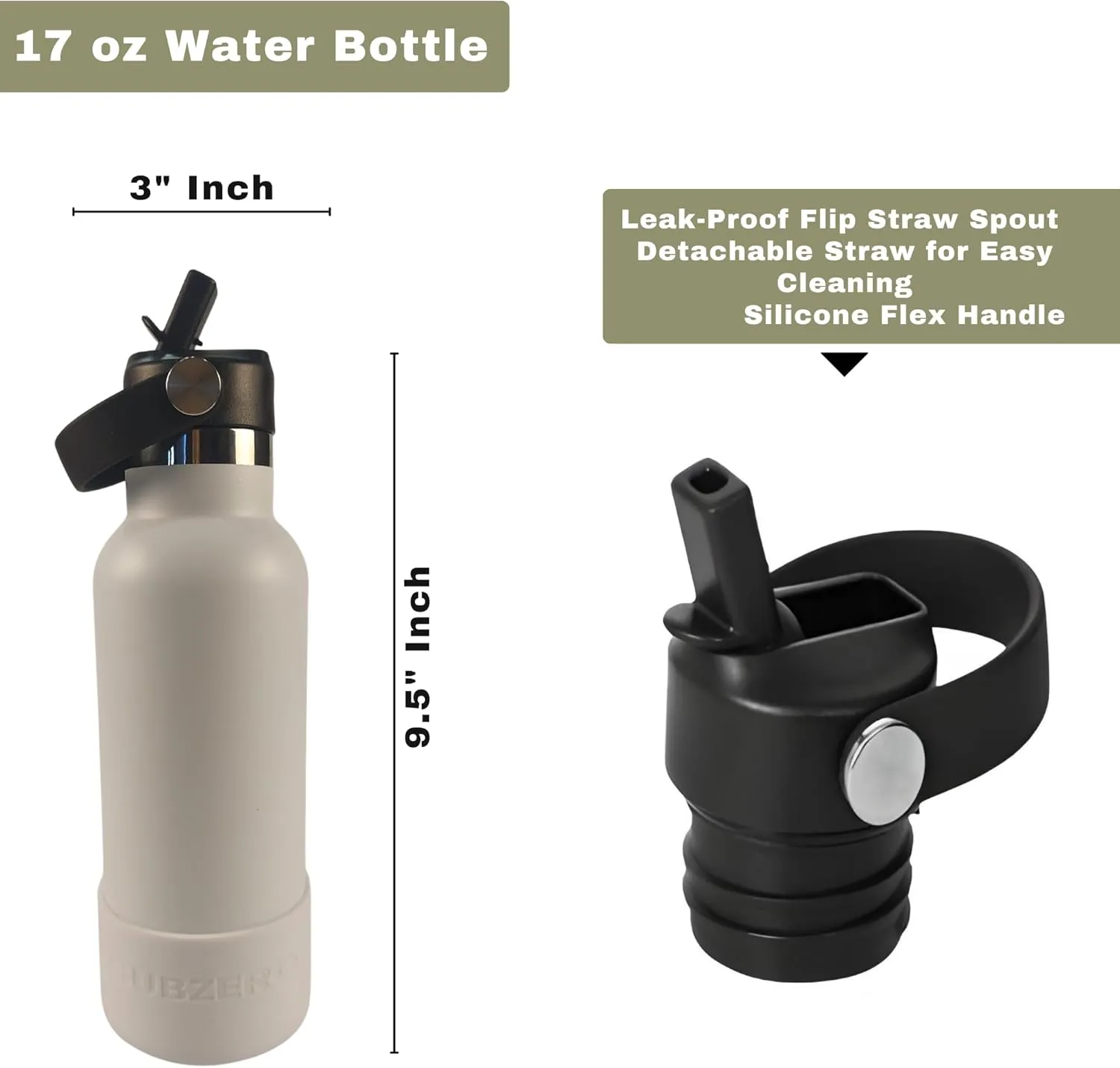 17oz Water Bottle with Spill-Proof, Flip-Straw Lid by Subzero - Vacuum Insulated, Stainless Steel Beverage Thermos for Workout, Hiking, School - Dishwasher Safe - Silicone Boot Included (White)