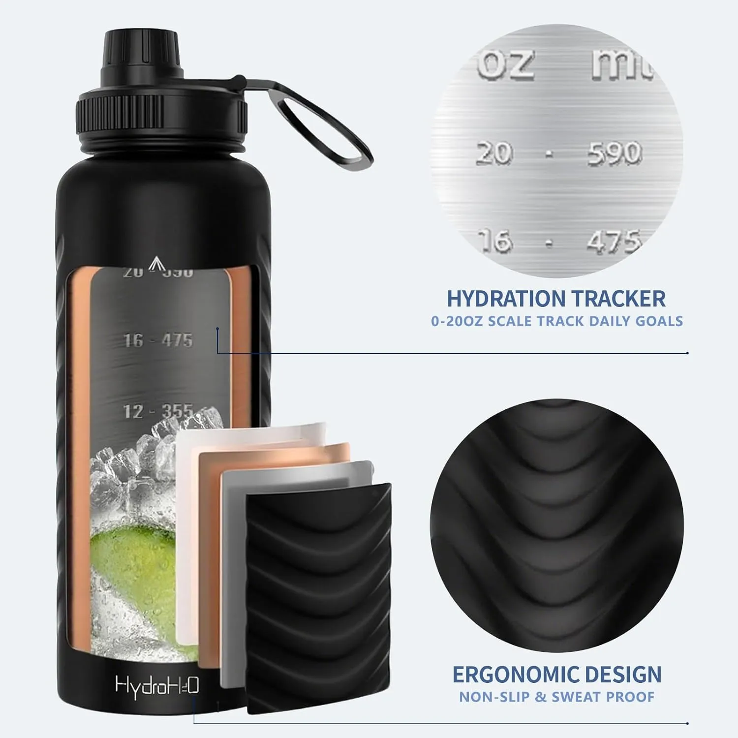 24oz Stainless Steel Insulated Water Bottle,48H Cold & 24H Hot, Leak-Proof Wide Mouth Lids (Straw & Spout), 20oz Hydration Tracker, BPA-Free Bottles for Gym, Hiking, Travel-Black