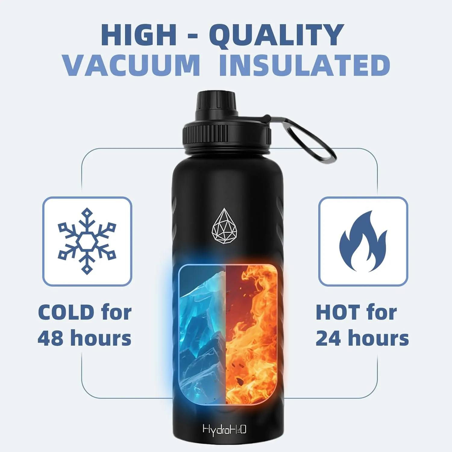 24oz Stainless Steel Insulated Water Bottle,48H Cold & 24H Hot, Leak-Proof Wide Mouth Lids (Straw & Spout), 20oz Hydration Tracker, BPA-Free Bottles for Gym, Hiking, Travel-Black