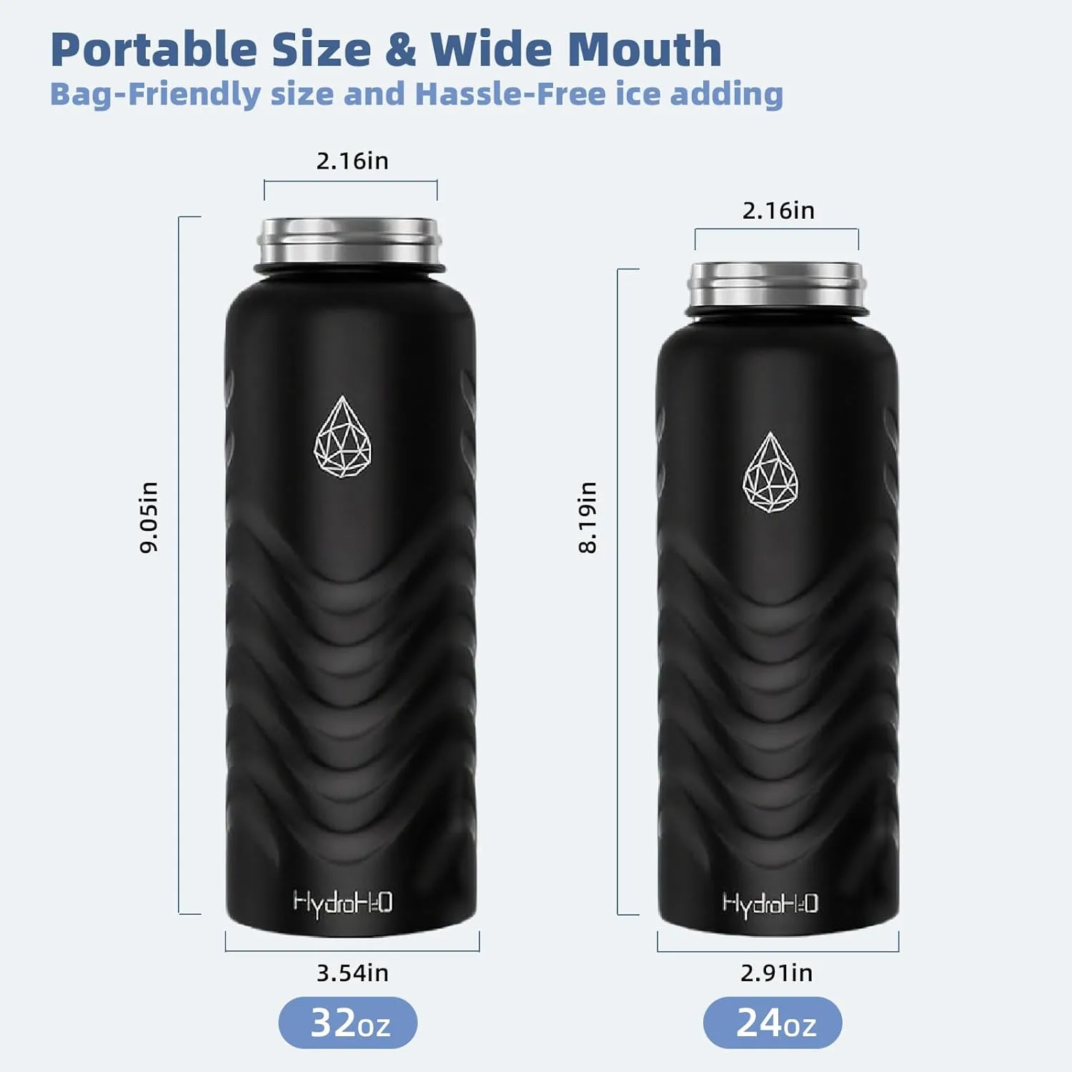 24oz Stainless Steel Insulated Water Bottle,48H Cold & 24H Hot, Leak-Proof Wide Mouth Lids (Straw & Spout), 20oz Hydration Tracker, BPA-Free Bottles for Gym, Hiking, Travel-Black