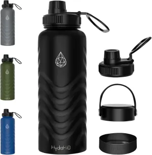 24oz Stainless Steel Insulated Water Bottle,48H Cold & 24H Hot, Leak-Proof Wide Mouth Lids (Straw & Spout), 20oz Hydration Tracker, BPA-Free Bottles for Gym, Hiking, Travel-Black