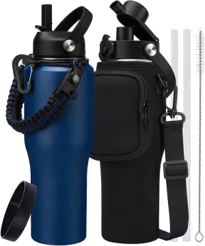 32 oz Stainless Steel Tumblers with Straw - Spout Lid, Carrier Bag, Paracord Handle, Keep Cold-48H & Hot-24H Vacuum Insulated Flask Water Bottles for Car Cup Holder, Bike, Stroller, Coffee Travel Mug