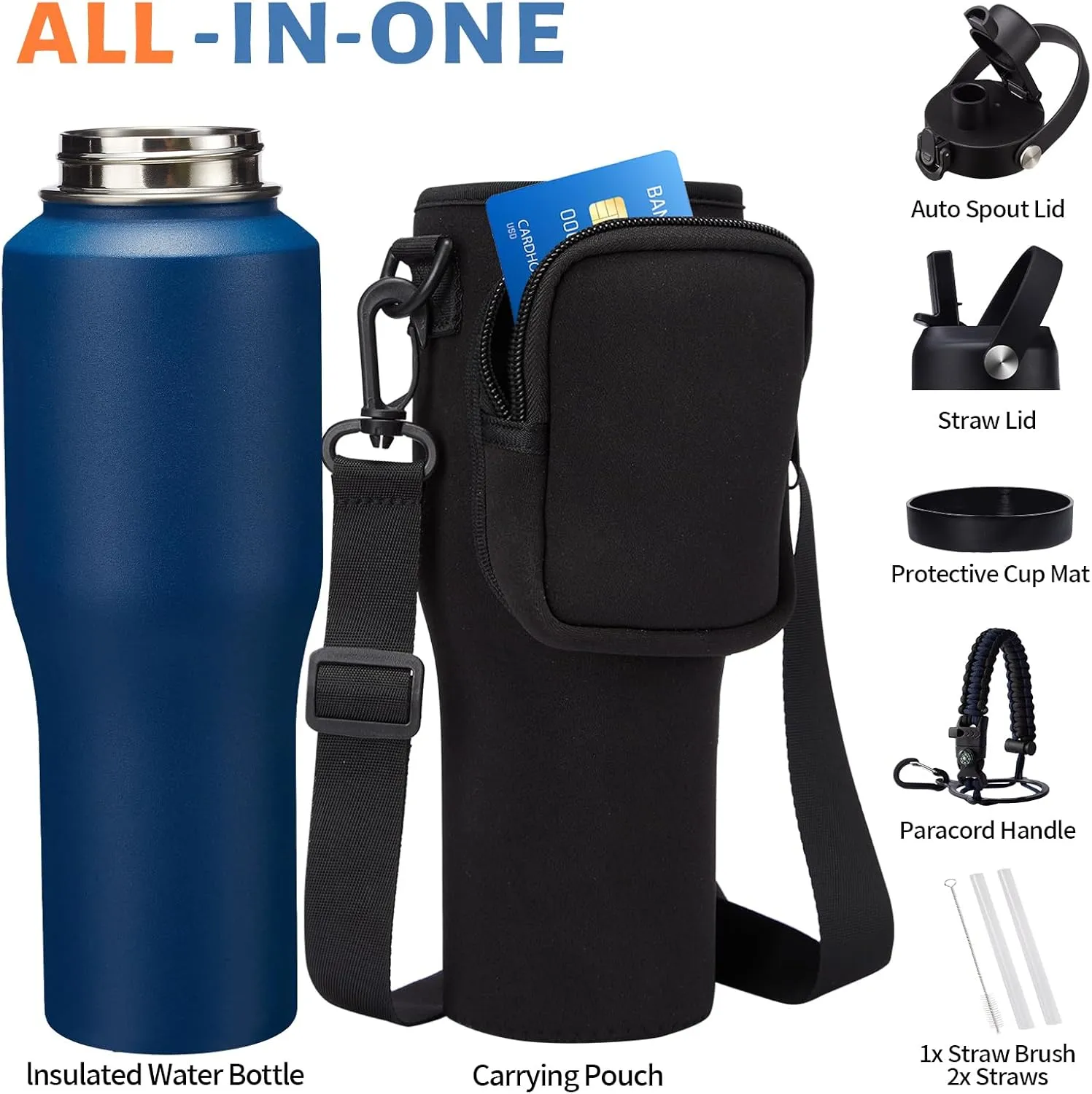 32 oz Stainless Steel Tumblers with Straw - Spout Lid, Carrier Bag, Paracord Handle, Keep Cold-48H & Hot-24H Vacuum Insulated Flask Water Bottles for Car Cup Holder, Bike, Stroller, Coffee Travel Mug