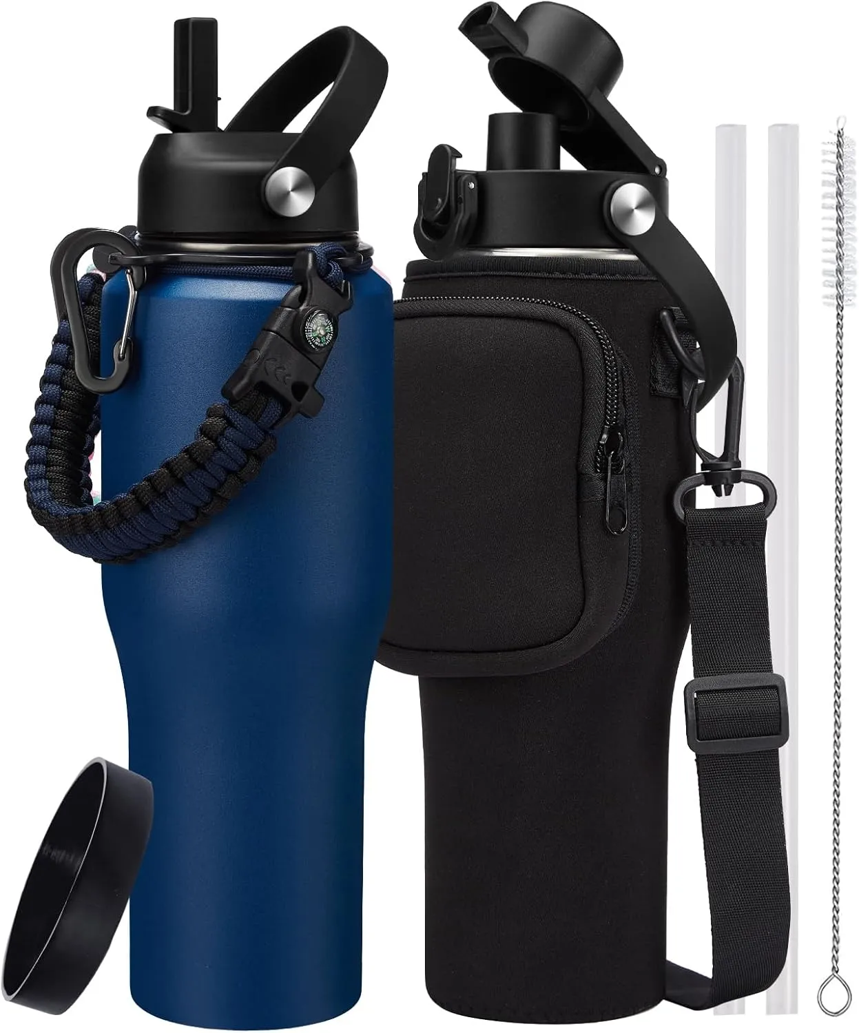 32 oz Stainless Steel Tumblers with Straw - Spout Lid, Carrier Bag, Paracord Handle, Keep Cold-48H & Hot-24H Vacuum Insulated Flask Water Bottles for Car Cup Holder, Bike, Stroller, Coffee Travel Mug