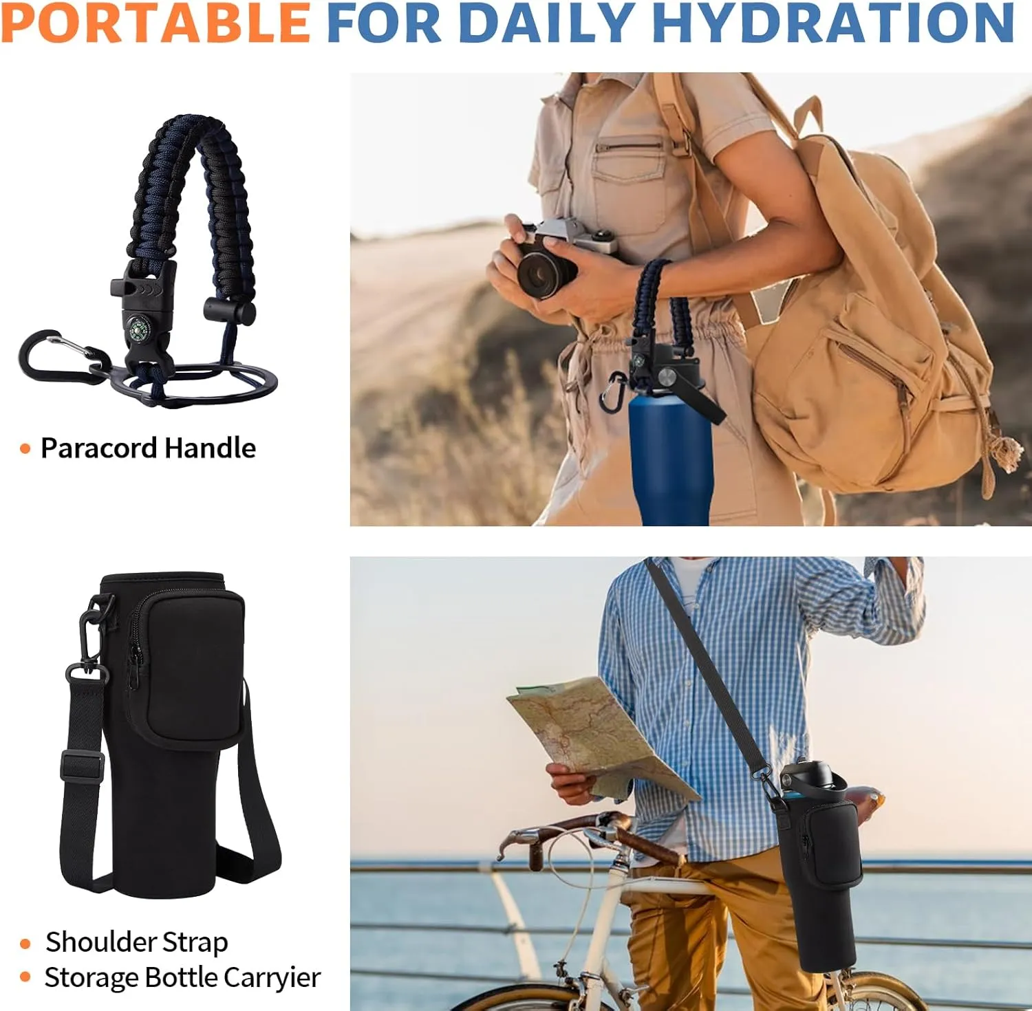 32 oz Stainless Steel Tumblers with Straw - Spout Lid, Carrier Bag, Paracord Handle, Keep Cold-48H & Hot-24H Vacuum Insulated Flask Water Bottles for Car Cup Holder, Bike, Stroller, Coffee Travel Mug