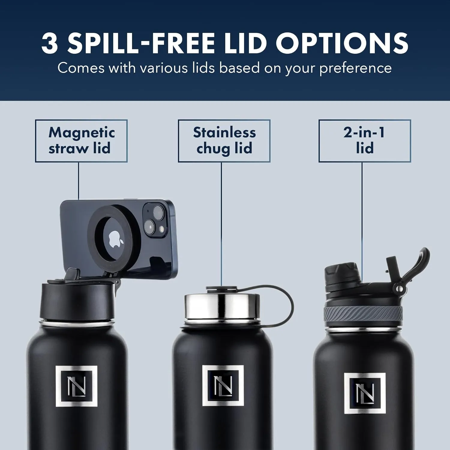 32 Oz Water Bottle With Magnetic Phone Holder Lid, Hydration Flask, Wide Mouth Stainless Steel Water Bottle With 3 Lids Straw & Spout Lid, Double Walled Insulated Thermos (Black)