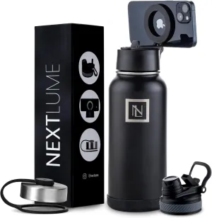 32 Oz Water Bottle With Magnetic Phone Holder Lid, Hydration Flask, Wide Mouth Stainless Steel Water Bottle With 3 Lids Straw & Spout Lid, Double Walled Insulated Thermos (Black)