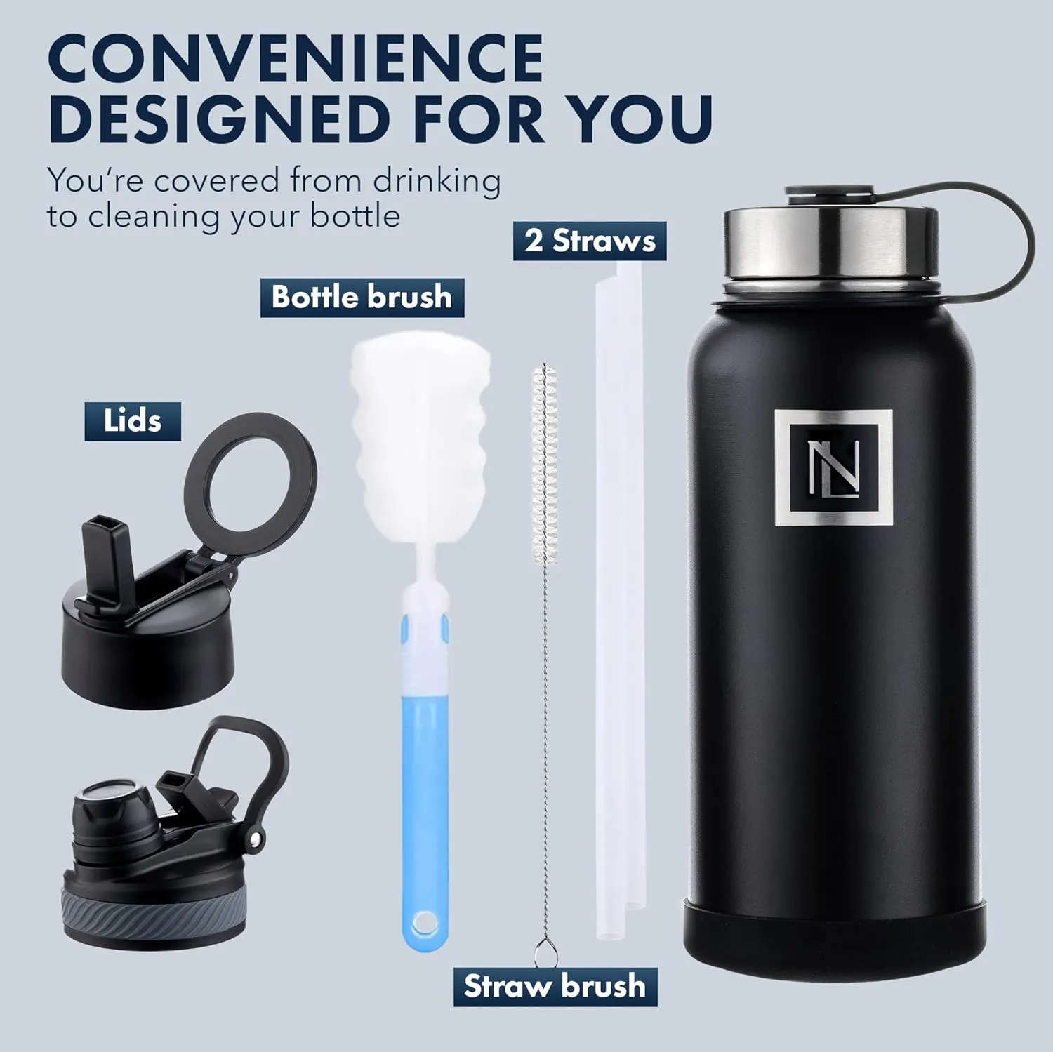 32 Oz Water Bottle With Magnetic Phone Holder Lid, Hydration Flask, Wide Mouth Stainless Steel Water Bottle With 3 Lids Straw & Spout Lid, Double Walled Insulated Thermos (Black)