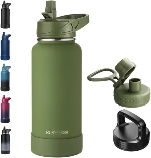32oz Insulated Water Bottle with Straw, Stainless Steel Metal Vacuum Water Flask, Large Thermos Water bottle with Leakproof 3 Lids for Travel, Camping, Gym Sports Armygreen