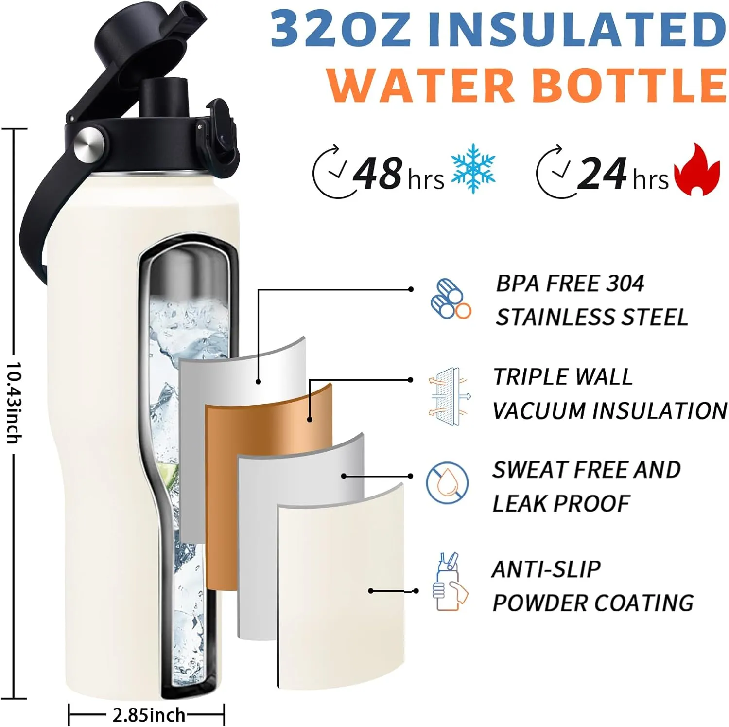 40 32 oz Water Bottle Insulated Tumbler - with Straw & Auto Chug Lid, Paracord Handle, Water Bottle Carrier Bag, Thermo Mug Travel Coffee Cup Fit for Car Cup Holder