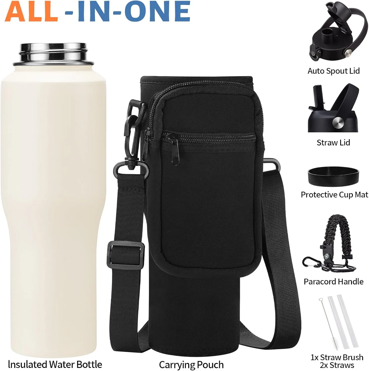 40 32 oz Water Bottle Insulated Tumbler - with Straw & Auto Chug Lid, Paracord Handle, Water Bottle Carrier Bag, Thermo Mug Travel Coffee Cup Fit for Car Cup Holder