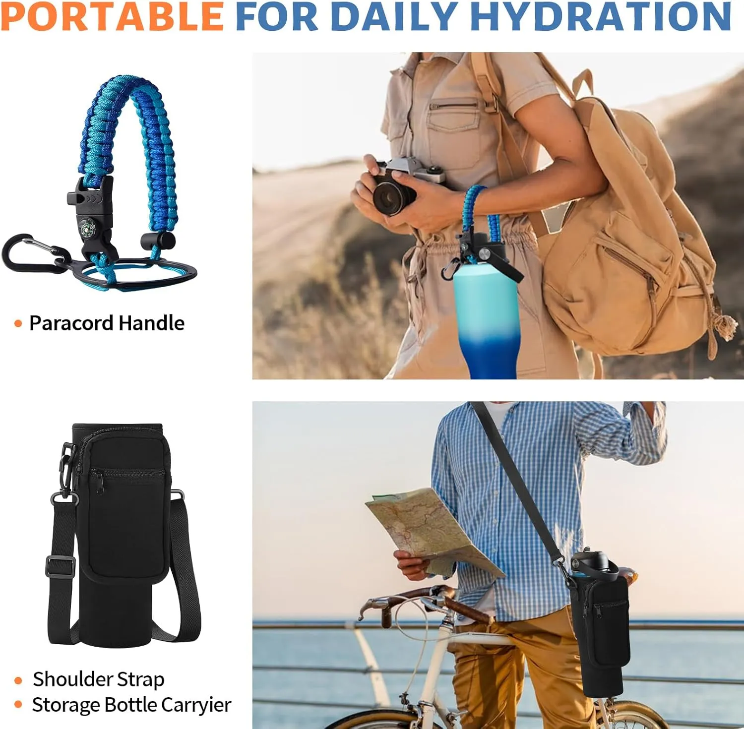 40 oz Insulated Water-Bottle fit in Car Cup-Holder - Leakproof Tumblers Water Cup with Straw Keep Cold 48H & Hot 24H, T-shape Stainless Steel Water Bottle Metal Flask w/Paracord Handle, Carrier Bag