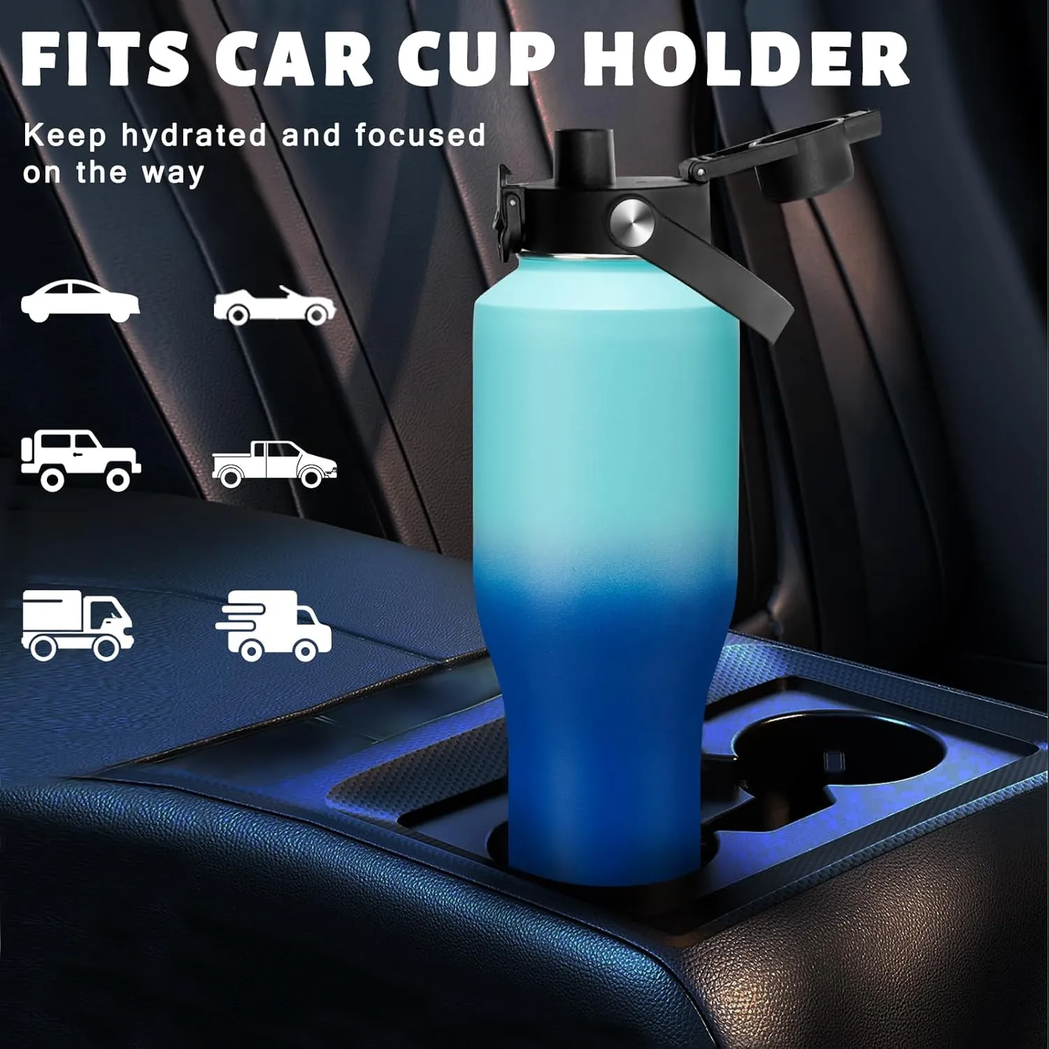 40 oz Insulated Water-Bottle fit in Car Cup-Holder - Leakproof Tumblers Water Cup with Straw Keep Cold 48H & Hot 24H, T-shape Stainless Steel Water Bottle Metal Flask w/Paracord Handle, Carrier Bag