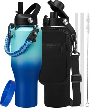40 oz Insulated Water-Bottle fit in Car Cup-Holder - Leakproof Tumblers Water Cup with Straw Keep Cold 48H & Hot 24H, T-shape Stainless Steel Water Bottle Metal Flask w/Paracord Handle, Carrier Bag