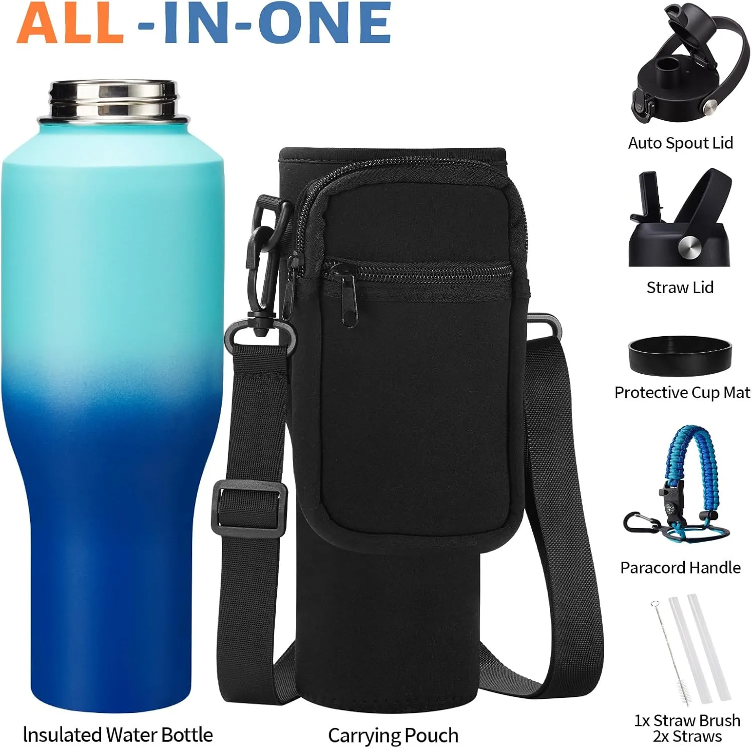 40 oz Insulated Water-Bottle fit in Car Cup-Holder - Leakproof Tumblers Water Cup with Straw Keep Cold 48H & Hot 24H, T-shape Stainless Steel Water Bottle Metal Flask w/Paracord Handle, Carrier Bag