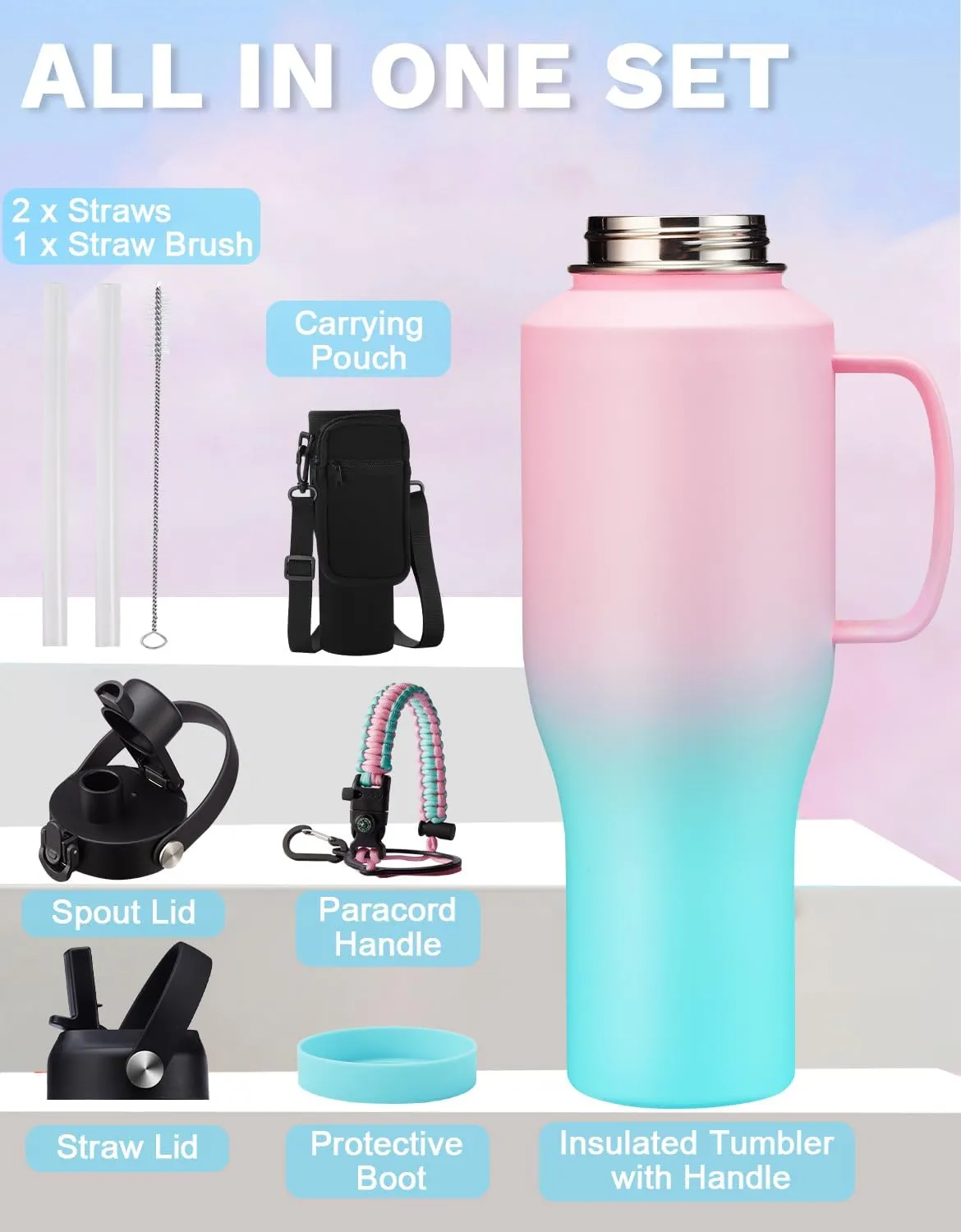 40 OZ Insulated Water Bottle with Straw - Tumbler Handle, Spout Lid, Carrying Case, Paracord Handle & Silicone Boot, Thermal Coffee Tumbler Travel Mugs Insulated for Car Work Gym Sports Men Woman