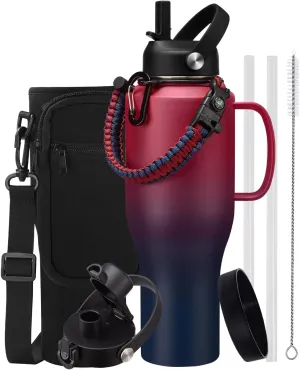 40 OZ Insulated Water Bottle with Straw - Tumbler Handle, Spout Lid, Carrying Case, Paracord Handle & Silicone Boot, Thermal Coffee Tumbler Travel Mugs Insulated for Car Work Gym Sports Men Woman