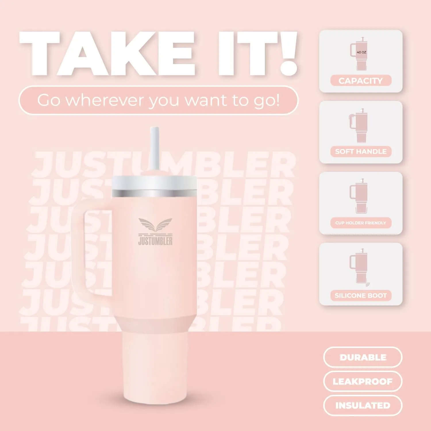 40 Oz Tumbler with Handle - Leak Proof Insulated Tumbler with Straw & Lid - BPA-free Stainless Steel Tumbler includes Silicone Boot, 3 Straws, 2 Straw Caps, & Cleaning Brush - Cream2.0