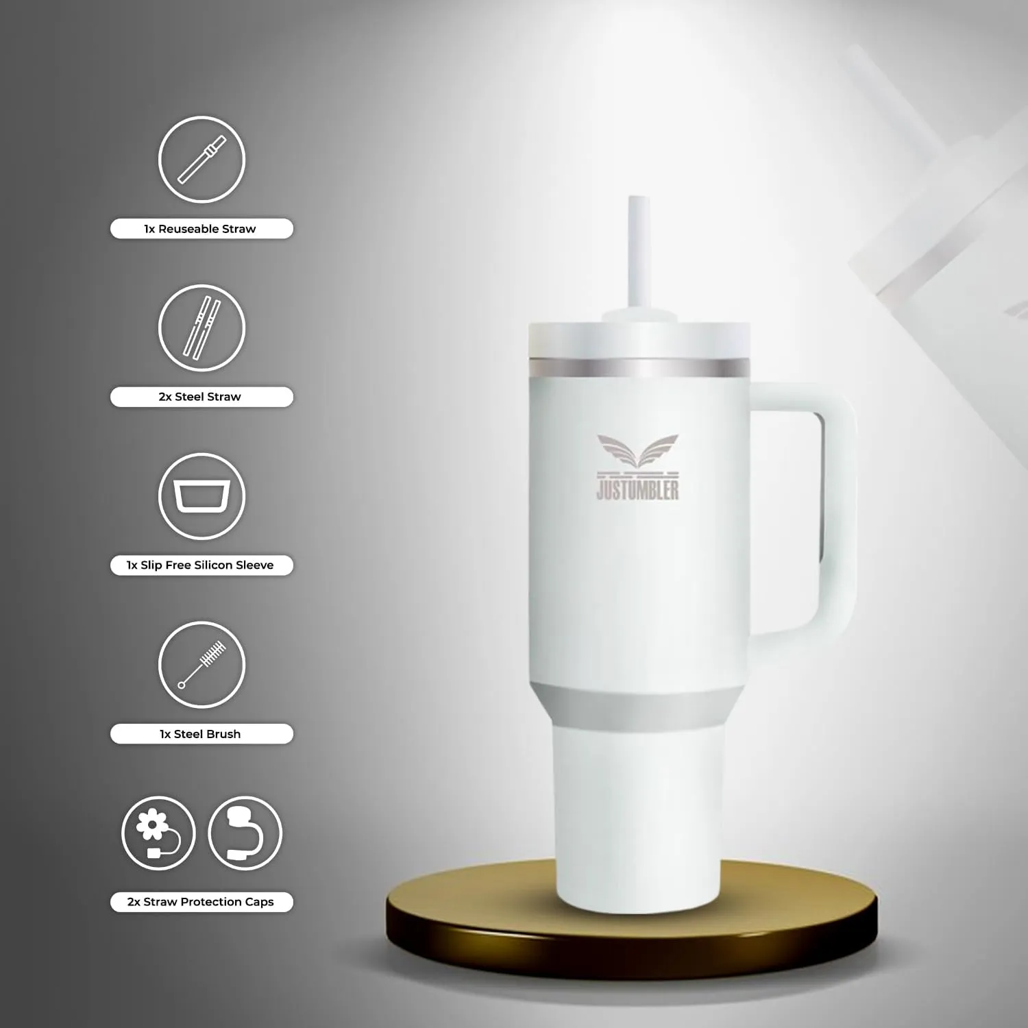 40 Oz Tumbler with Handle - Leak Proof Insulated Tumbler with Straw & Lid - BPA-free Stainless Steel Tumbler includes Silicone Boot, 3 Straws, 2 Straw Caps, & Cleaning Brush - Frost