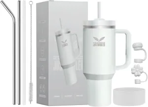 40 Oz Tumbler with Handle - Leak Proof Insulated Tumbler with Straw & Lid - BPA-free Stainless Steel Tumbler includes Silicone Boot, 3 Straws, 2 Straw Caps, & Cleaning Brush - Frost