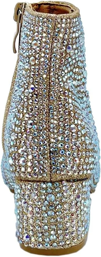 ABSOLEX Girle's Rhinestone Round Toe Block Chunky Low Heel Ankle Booties