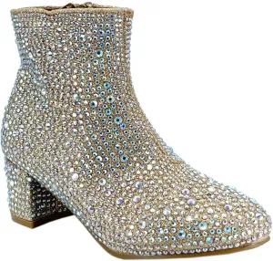 ABSOLEX Girle's Rhinestone Round Toe Block Chunky Low Heel Ankle Booties