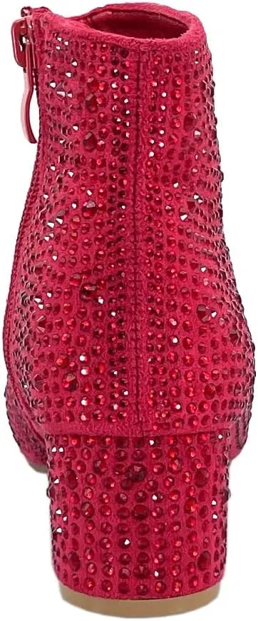ABSOLEX Girle's Rhinestone Round Toe Block Chunky Low Heel Ankle Booties