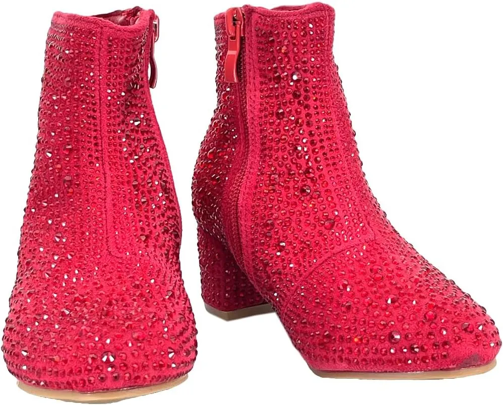 ABSOLEX Girle's Rhinestone Round Toe Block Chunky Low Heel Ankle Booties