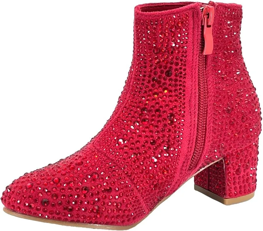ABSOLEX Girle's Rhinestone Round Toe Block Chunky Low Heel Ankle Booties