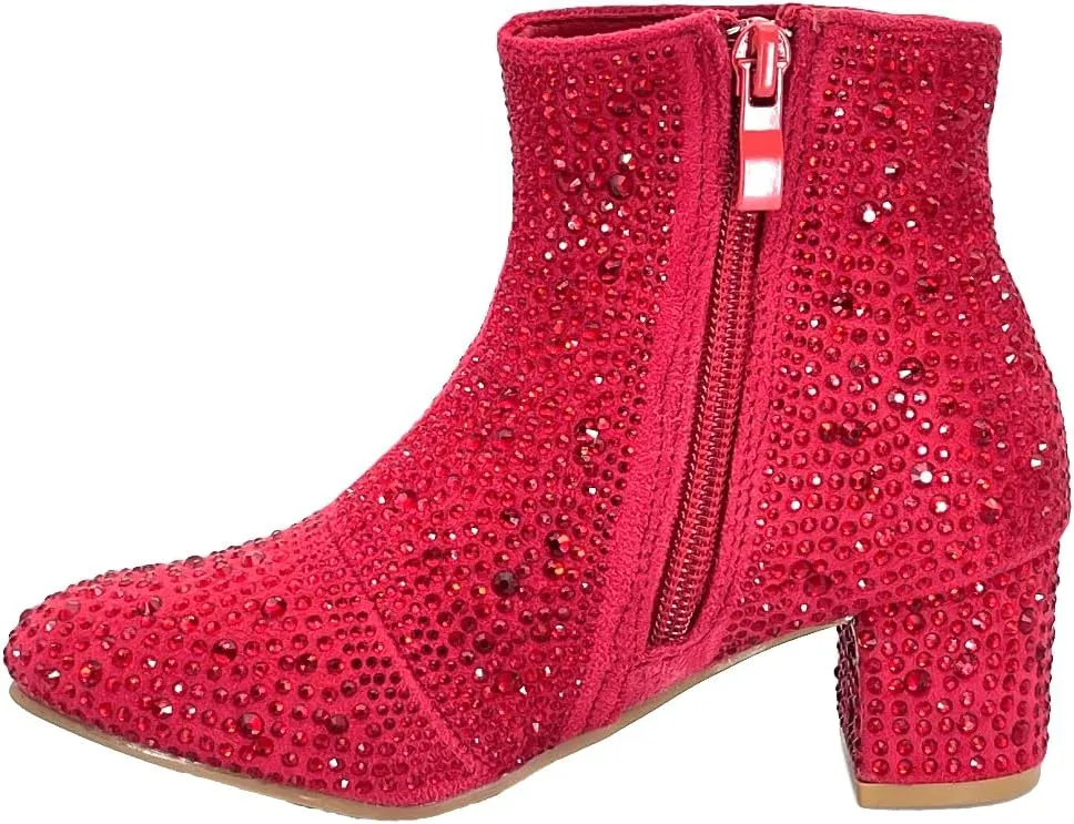 ABSOLEX Girle's Rhinestone Round Toe Block Chunky Low Heel Ankle Booties